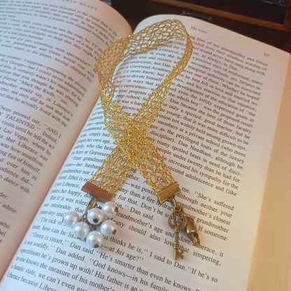 Gold Vintage Bookmark with beads - alice in wonderland theme bookmark