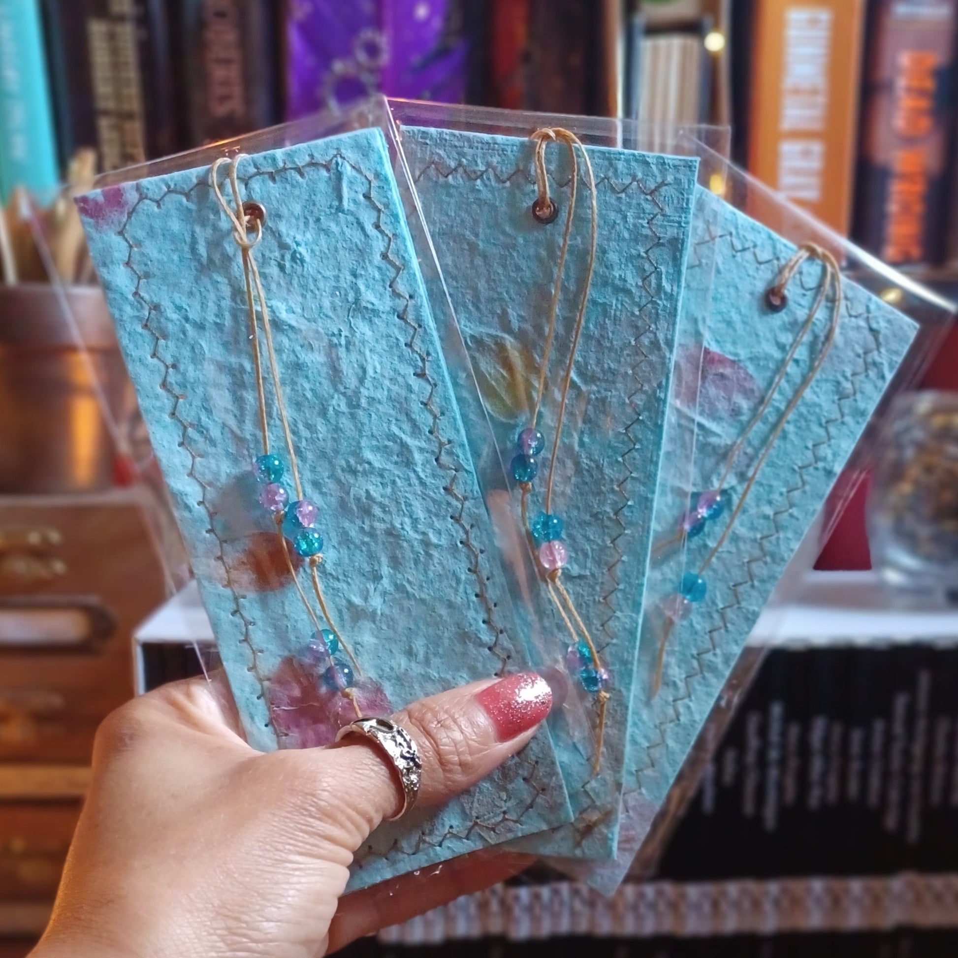 Blue - Handmade Paper Bookmarks with Stitched Edges, Pressed Flowers and Leaves  