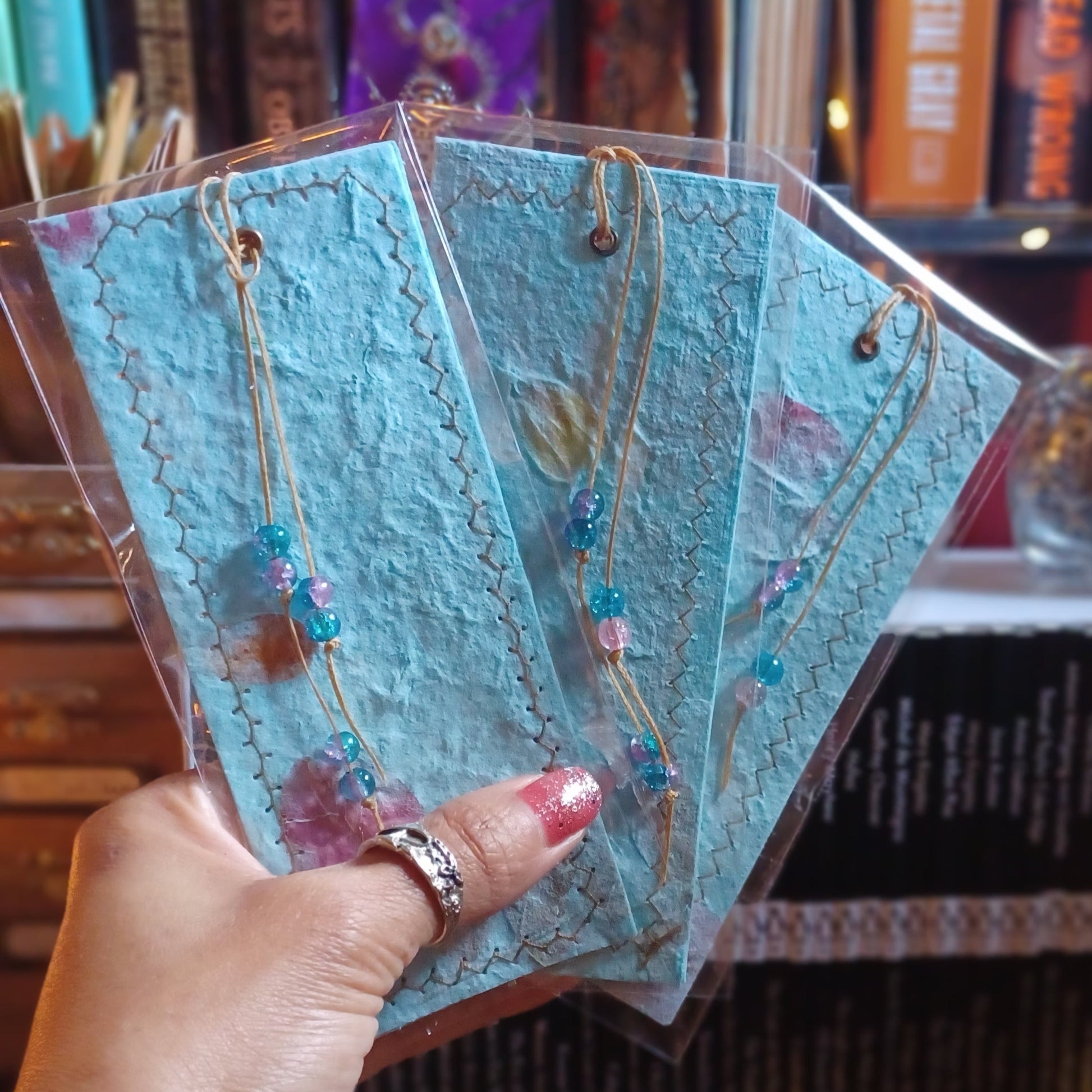 Blue - Handmade Paper Bookmarks with Stitched Edges, Pressed Flowers and Leaves