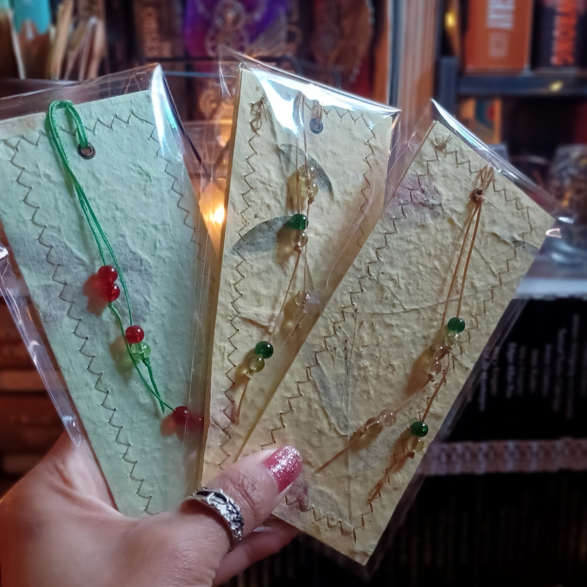 Green and yellow - Handmade Paper Bookmarks with Stitched Edges, Pressed Flowers and Leaves