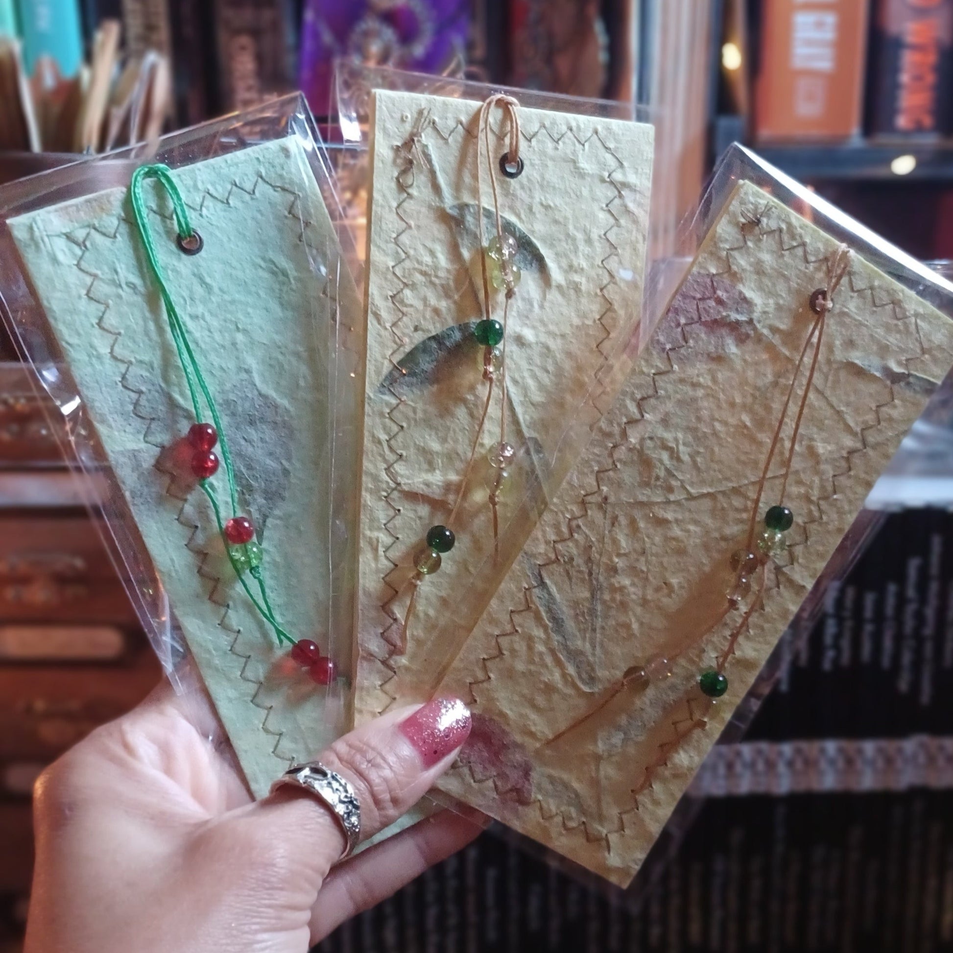 Green and yellow - Handmade Paper Bookmarks with Stitched Edges, Pressed Flowers and Leaves