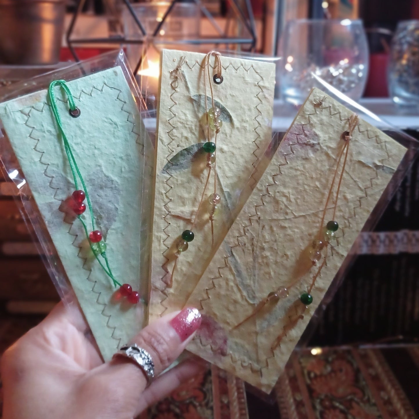 Handmade Paper Bookmarks with Stitched Edges, Pressed Flowers and Leaves