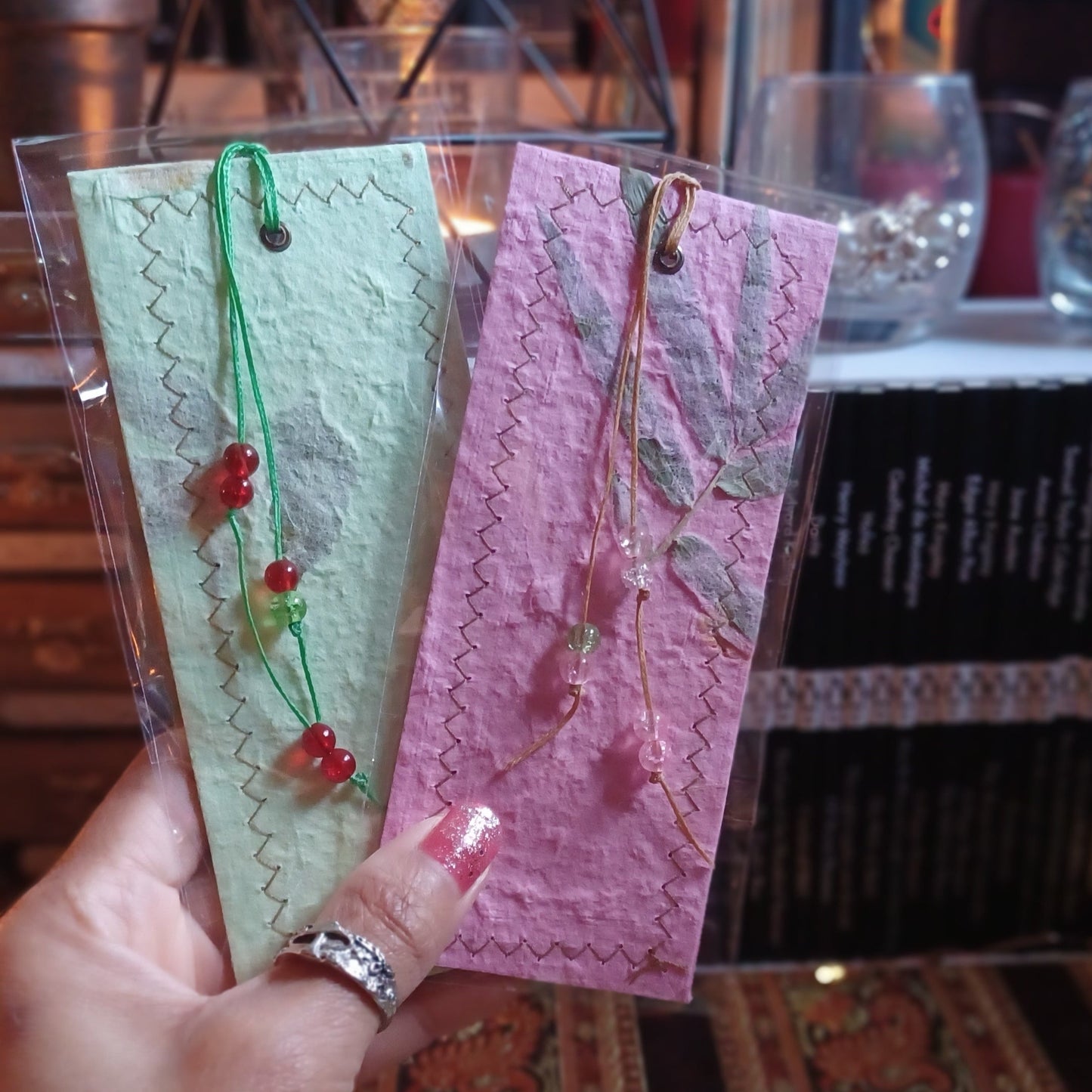 Handmade Paper Bookmarks with Stitched Edges, Pressed Flowers and Leaves