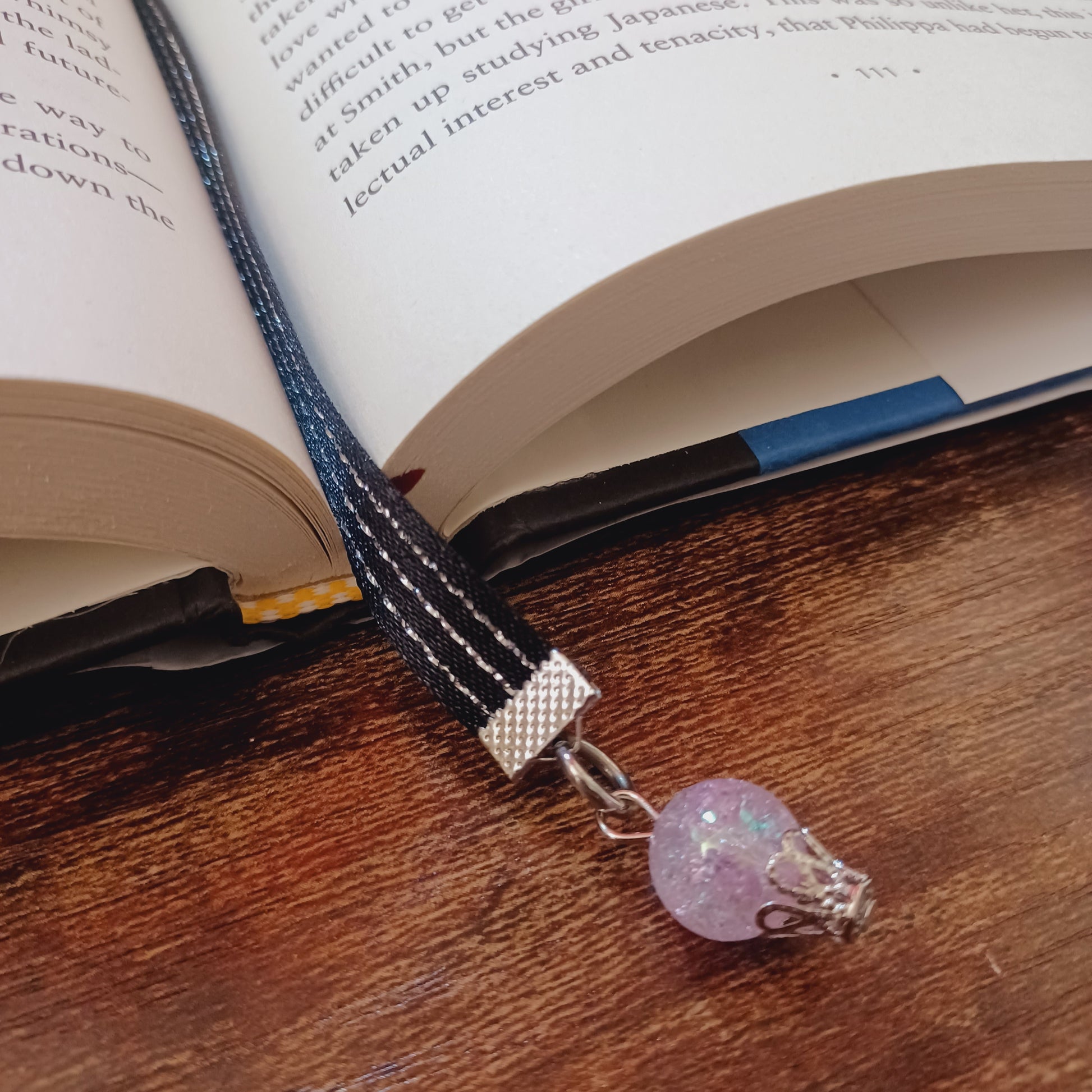 Black and silver ribbon bookmark with beads